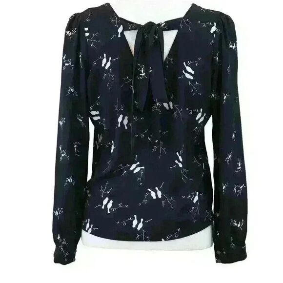 Ann Taylor LOFT Black Lovebirds Blouse V Neck Long Sleeve Sheer Tie Back Size XS - Picture 3 of 9
